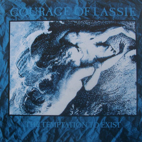 Album cover for 'The Temptation to Exist' by Courage of Lassie, featuring a blue-toned classical-style illustration of a reclining figure on a textured blue background.